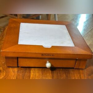 Vintage Wood & Cheese Serving Box w Removable Stone Board & Pull Out Drawer